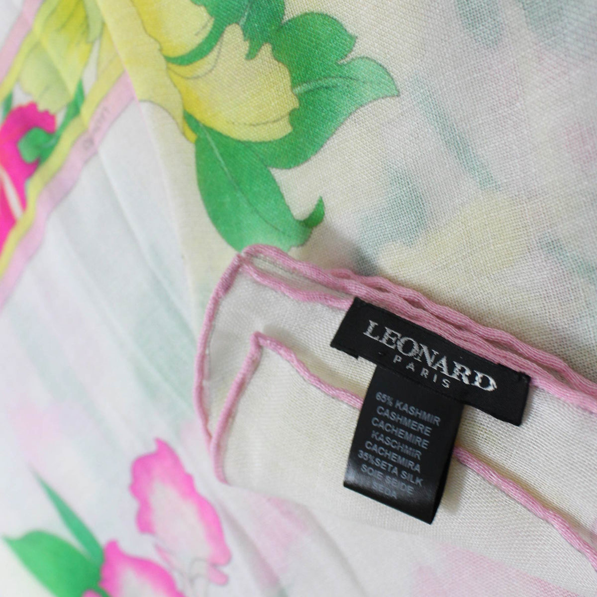 Leonard Paris Scarf White Pink Floral Design - Cashmere Silk Shawl SALE