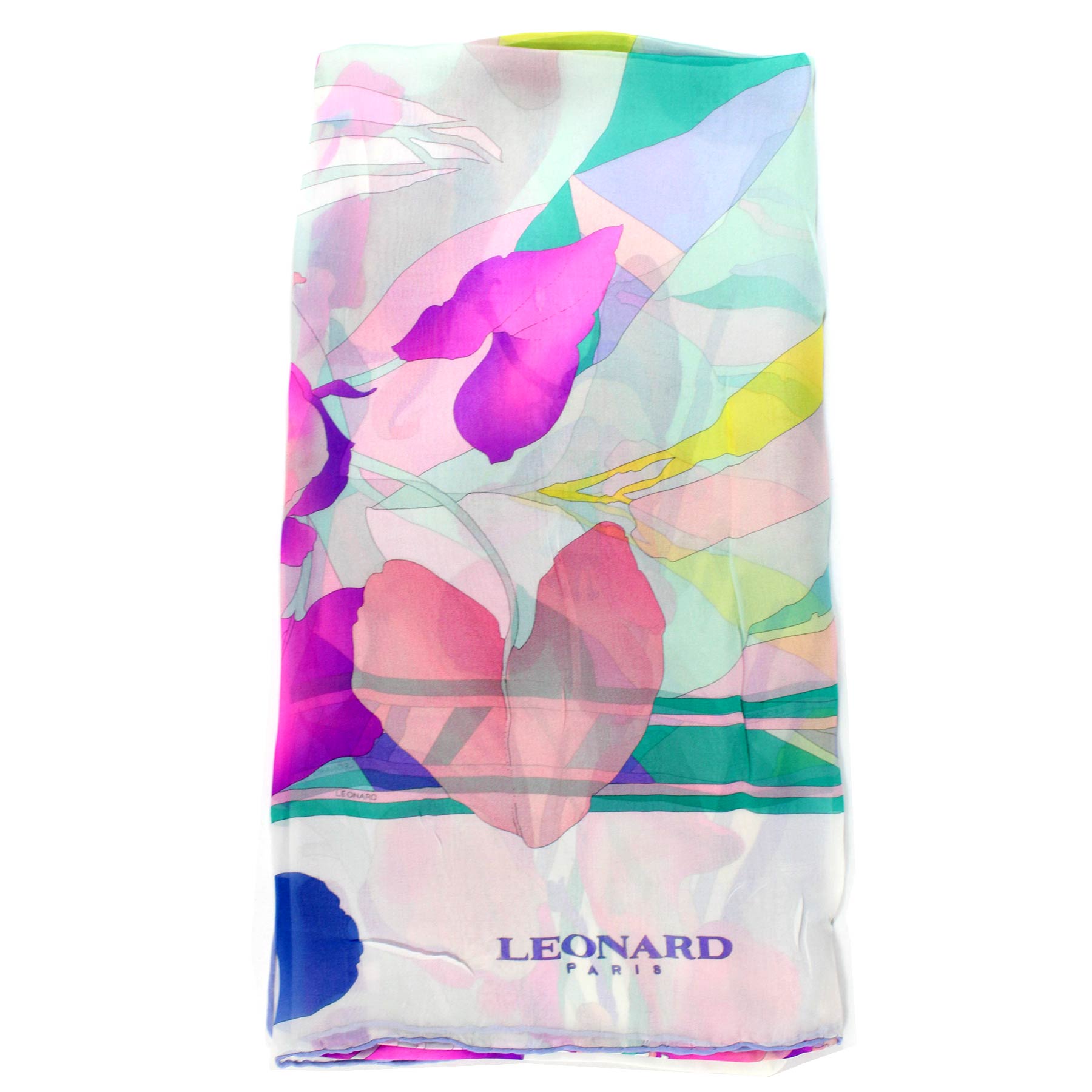 Leonard Paris Scarf Turquoise Pink Floral - Chiffon Silk Shawl