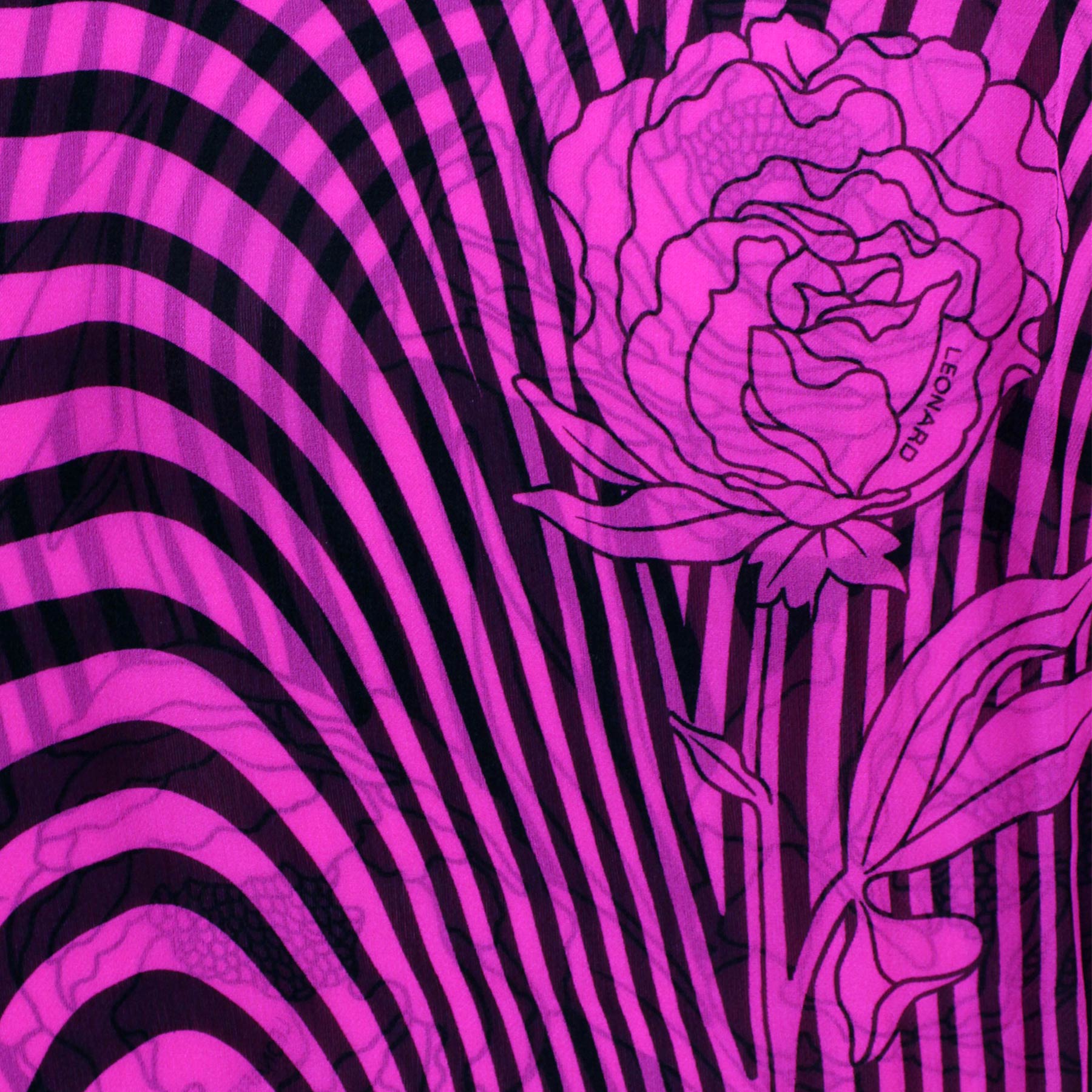 Leonard Paris Scarf Hot Pink Black Floral Design - Chiffon Silk Shawl