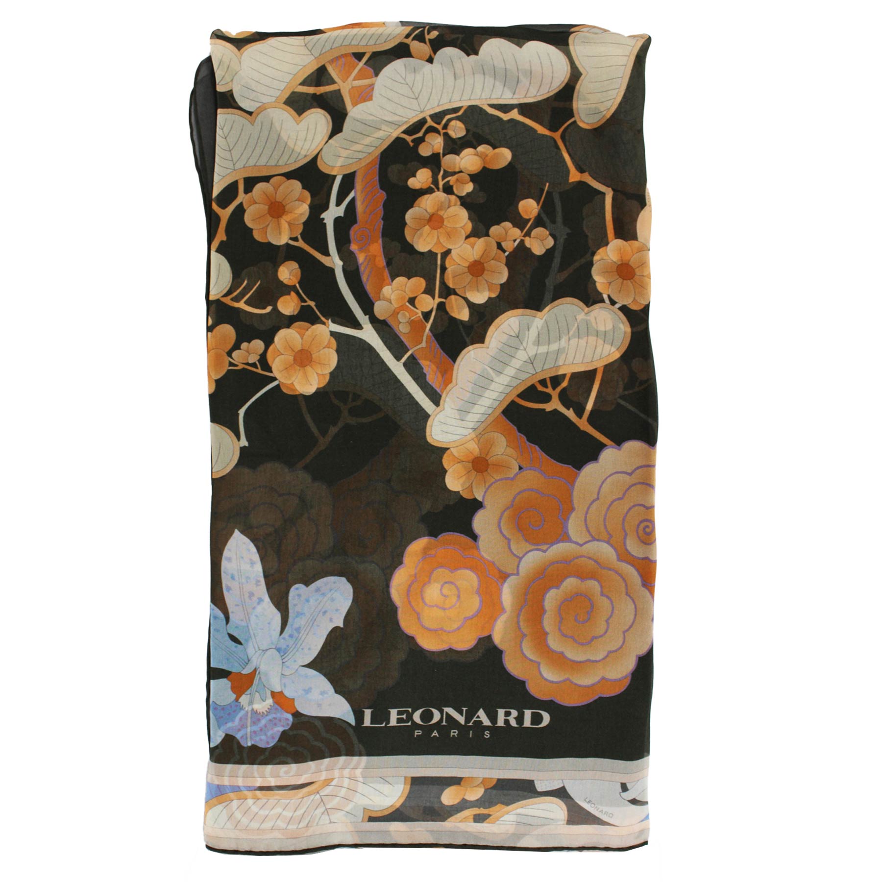 Leonard Paris Scarf Black Brown Floral New