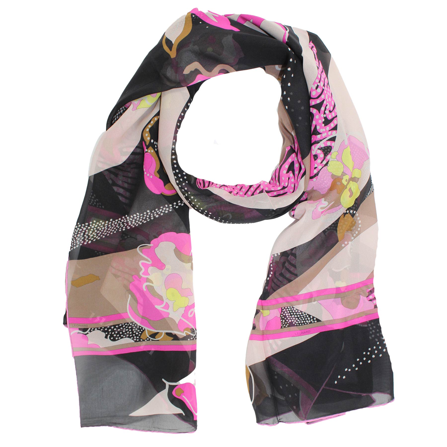 Leonard Paris Scarf Black Cream Pink Floral - Chiffon Silk Shawl