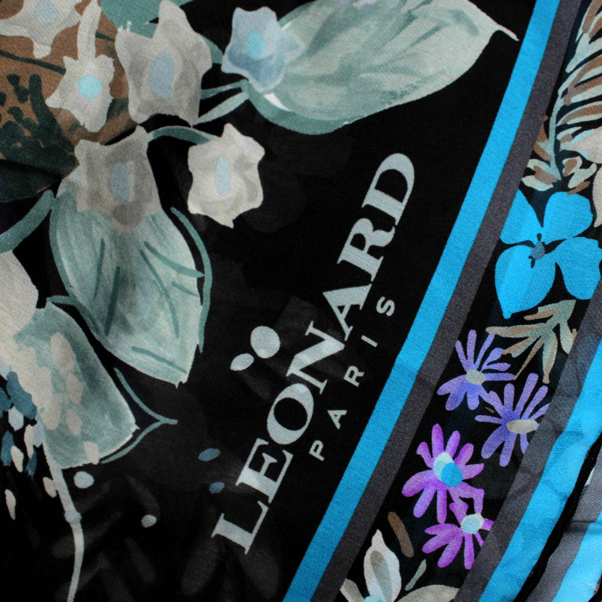 Leonard Paris Scarf Black Aqua Purple Floral - Large Square Chiffon Silk Wrap