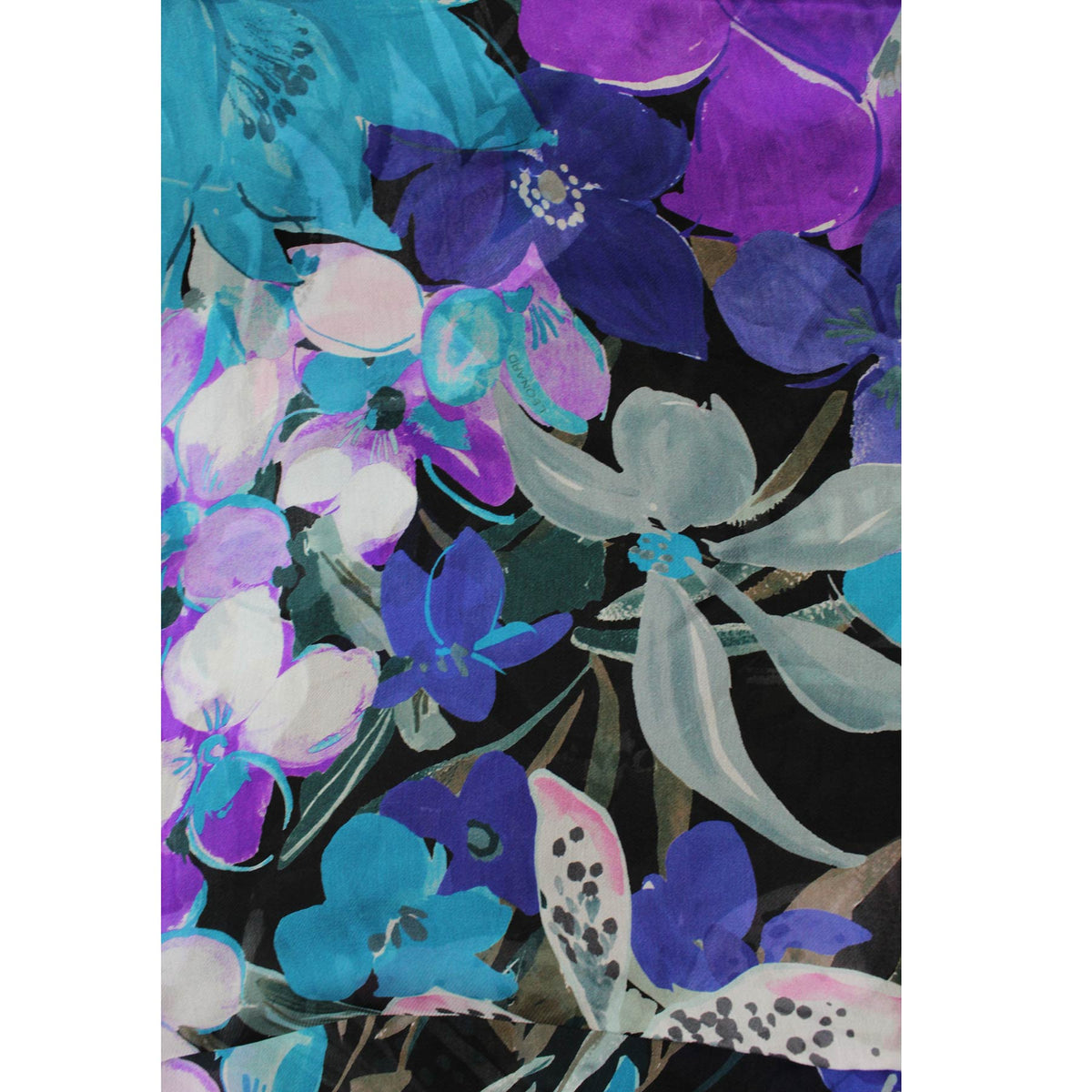 Leonard Paris Scarf Black Aqua Purple Floral - Large Square Chiffon Silk Wrap SALE