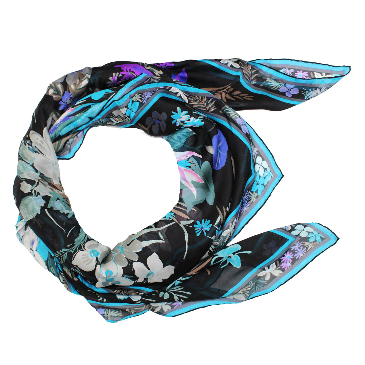 Leonard Paris Scarf Black Aqua Purple Floral Square Chiffon Silk Wrap
