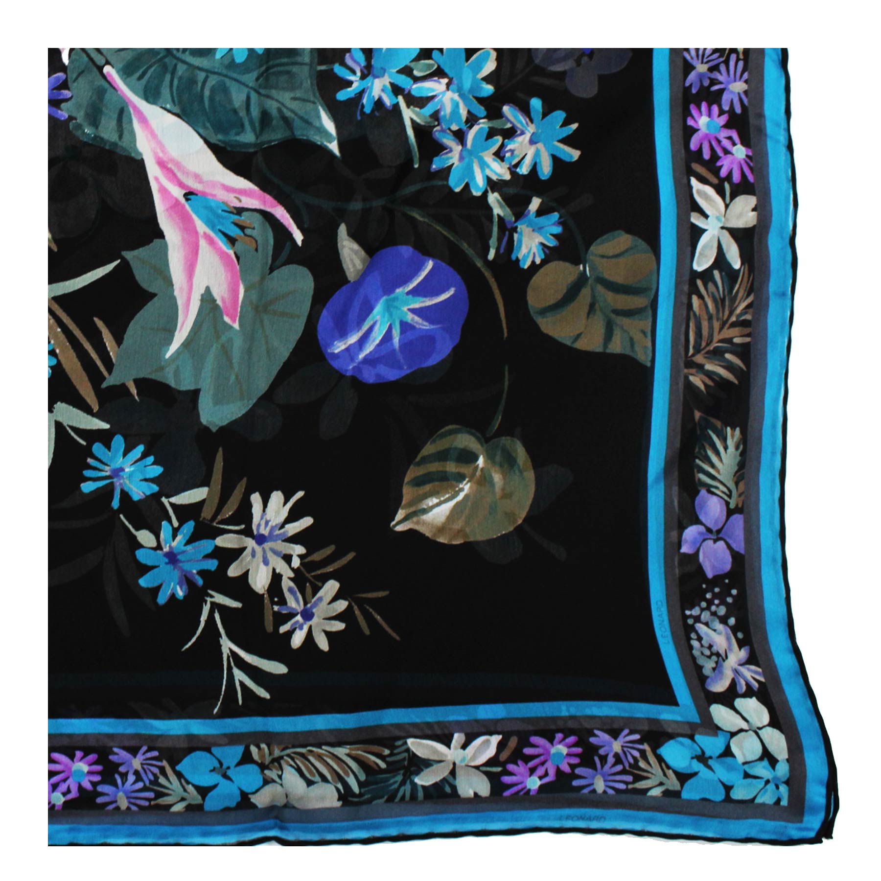 Leonard Paris Scarf Black Aqua Purple Floral - Large Square