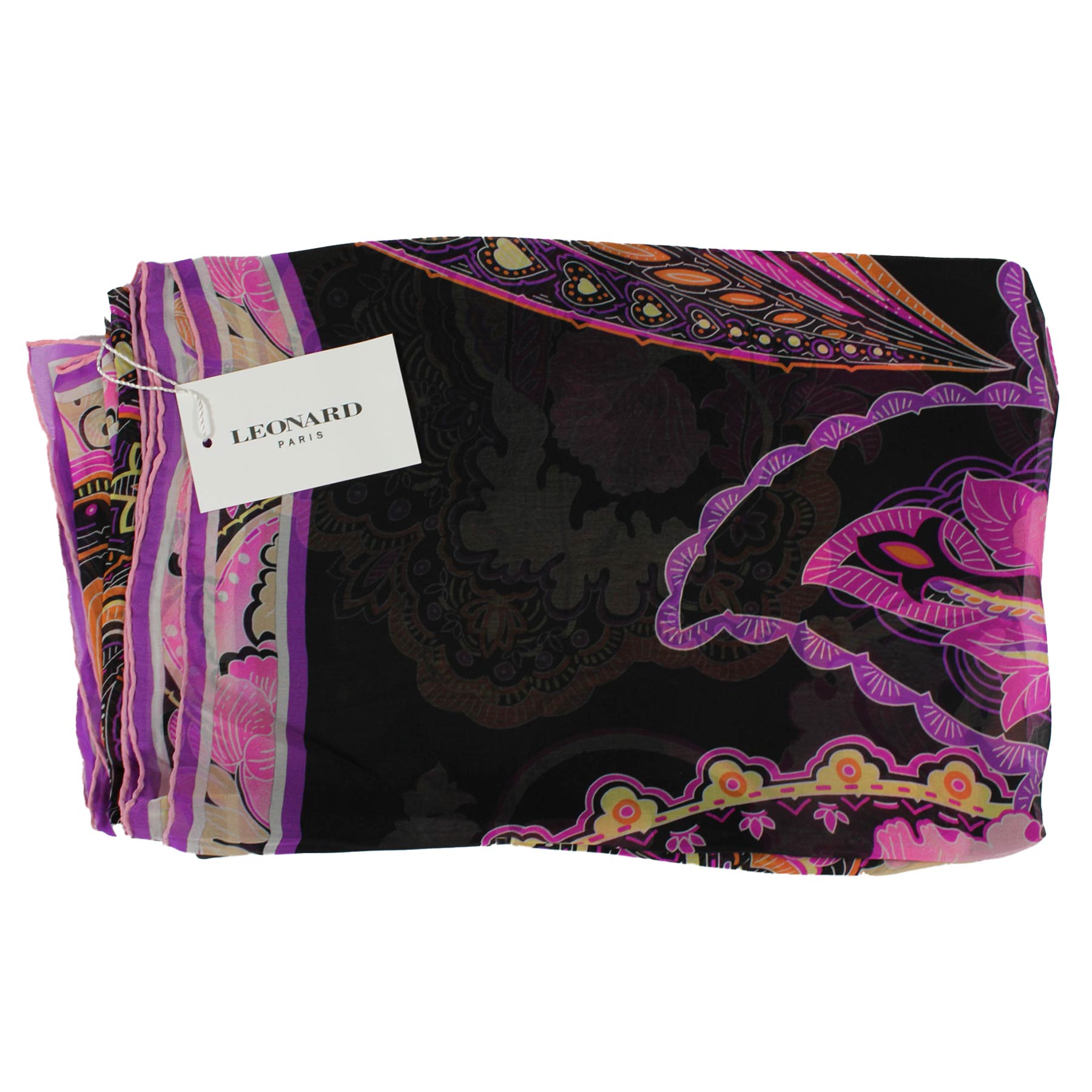 Leonard Paris Scarf Black Pink Purple Floral - Large Square Chiffon Silk Wrap