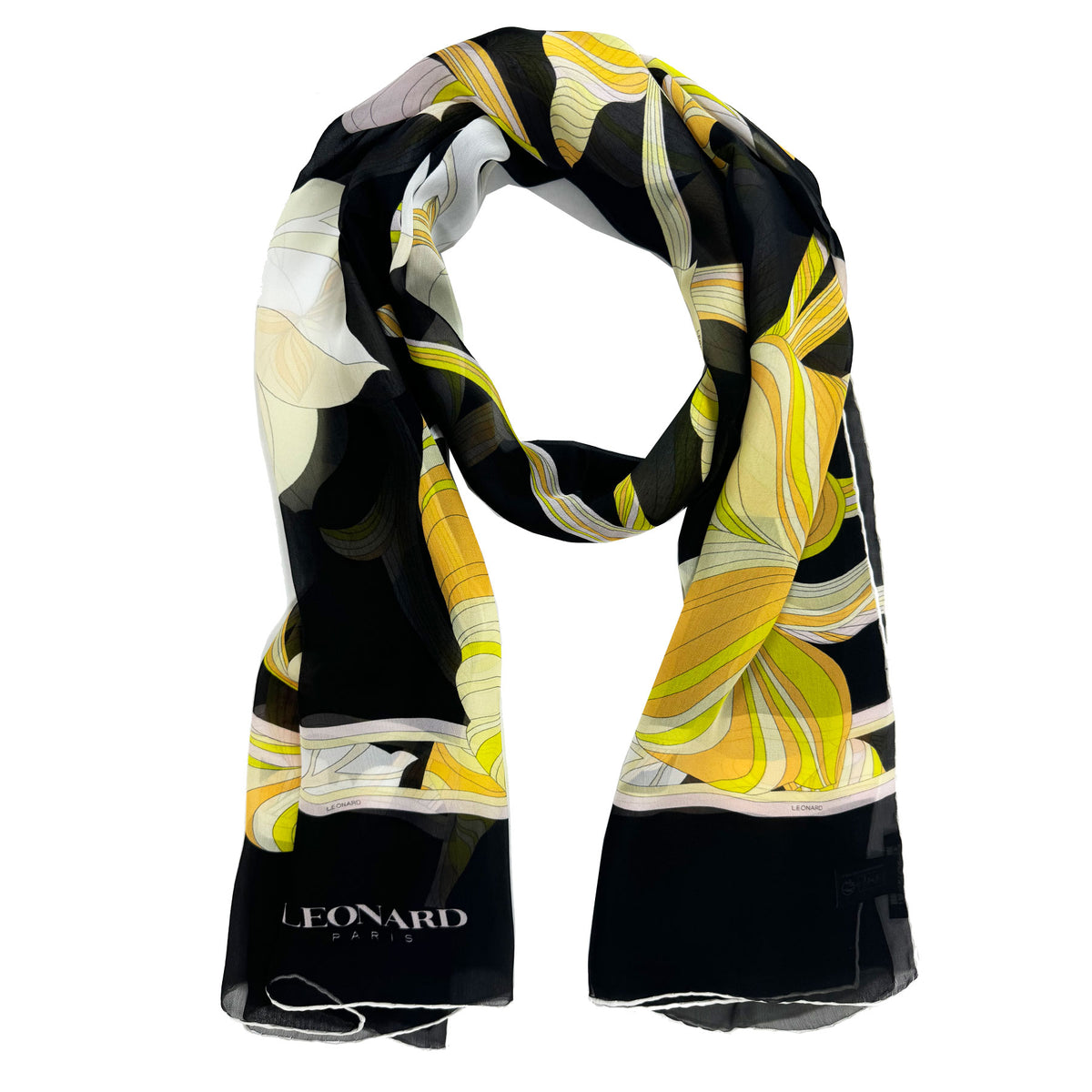 Leonard Paris Scarf Black Yellow Orange Floral Design - Chiffon Silk Shawl SALE