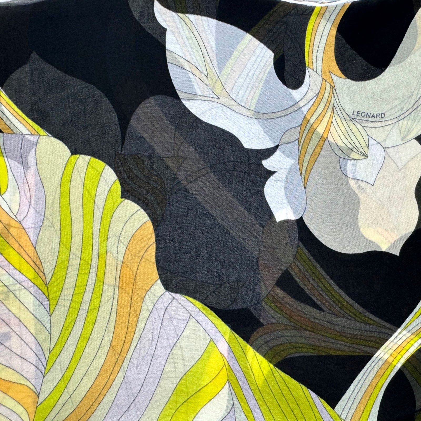 Leonard Paris Scarf Black Yellow Orange Floral Design - Chiffon Silk Shawl
