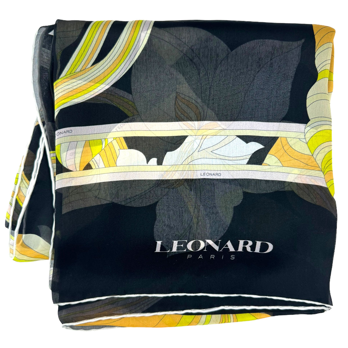 Leonard Paris Scarf Black Yellow Orange Floral Design - Chiffon Silk Shawl
