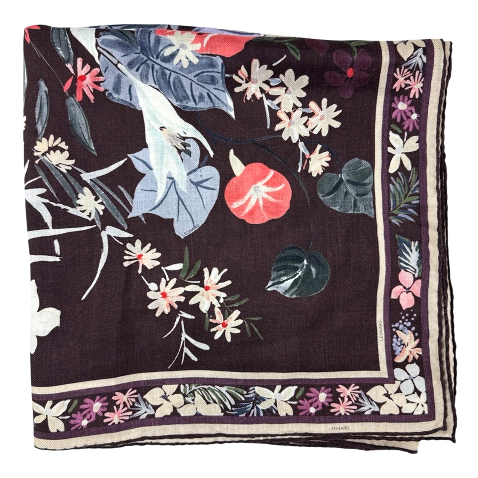 Leonard Paris Scarf Purple Floral - Extra Large Square Cashmere Silk Wrap SALE