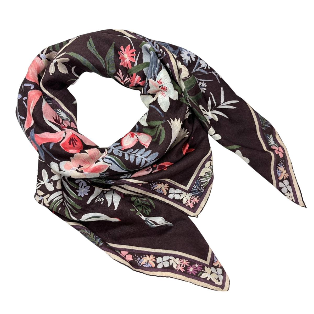 Leonard Paris Scarf Dark Purple Floral - Extra Large Square Cashmere Silk Wrap