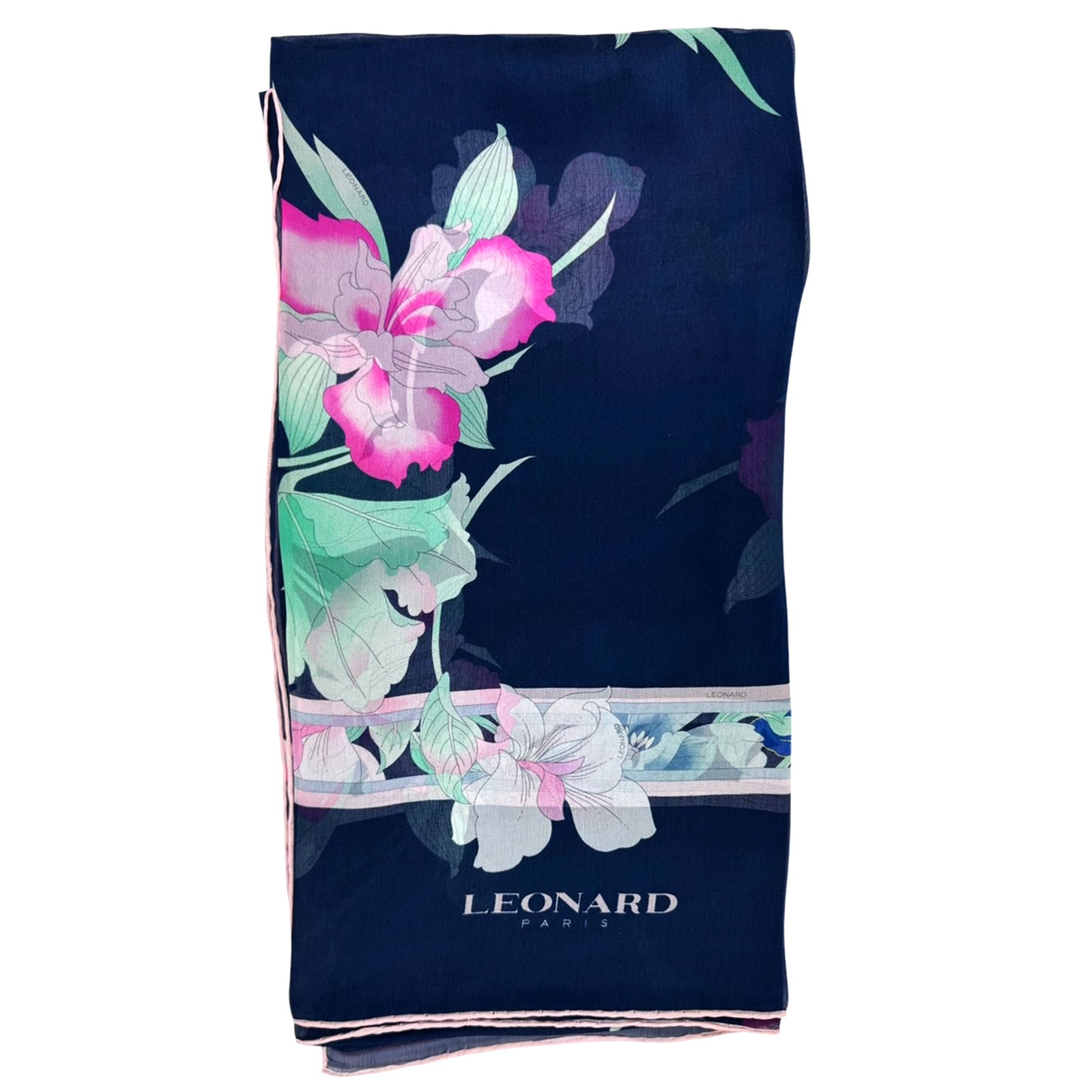 Leonard Paris Scarf Midnight Blue Pink Floral Chiffon Silk Women Shawl