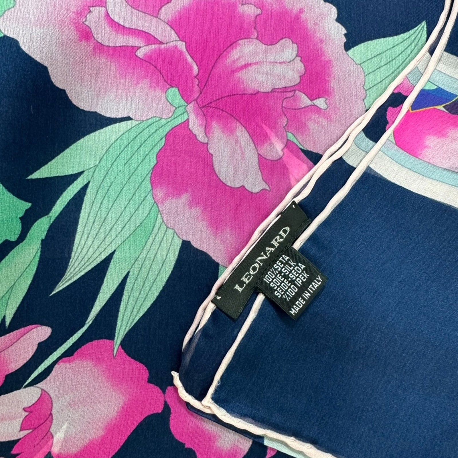 Leonard Paris Scarf Midnight Blue Pink Floral Chiffon Silk Women Shawl