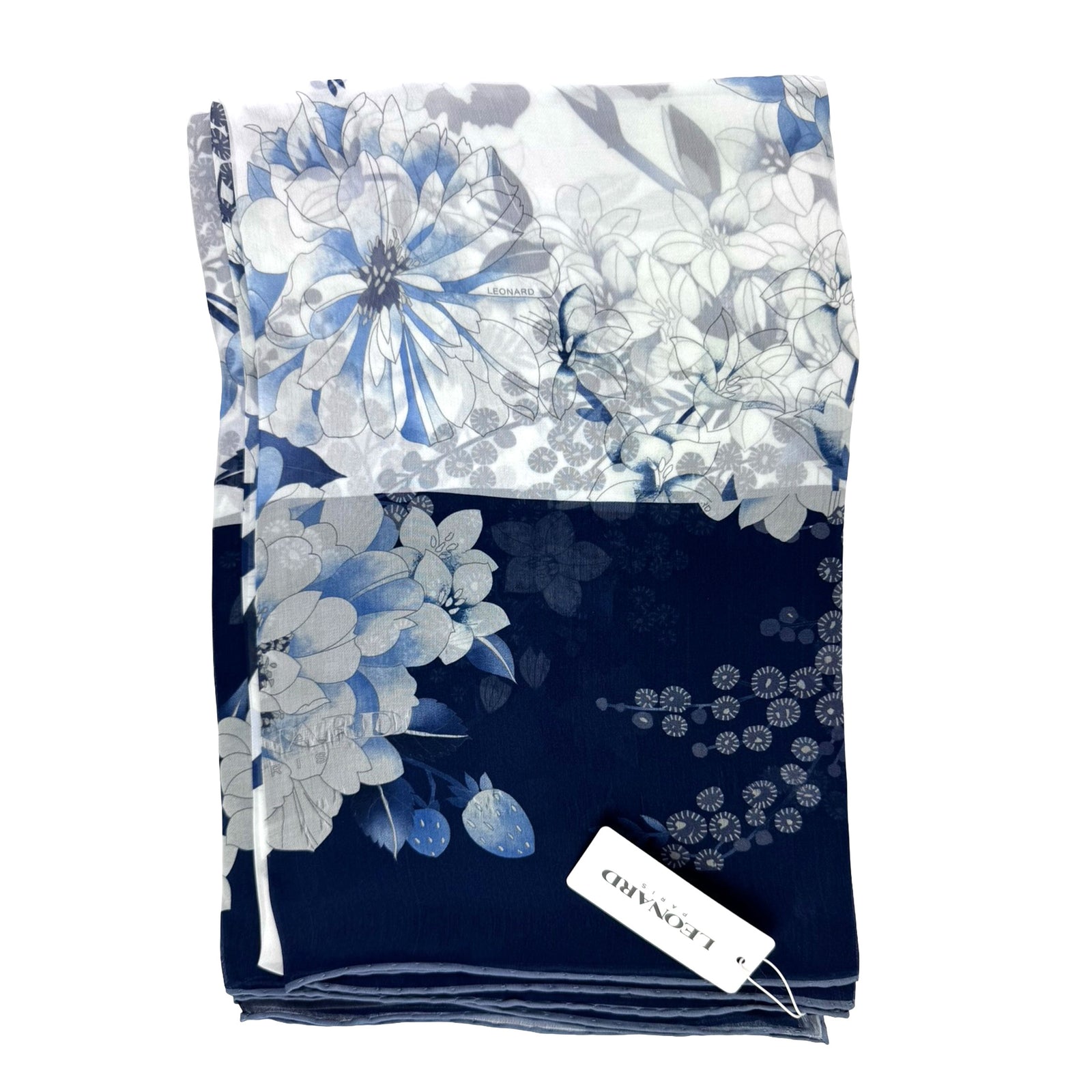 Leonard Paris Scarf White Dark Blue Floral Design - Extra Large Square Chiffon Silk Wrap