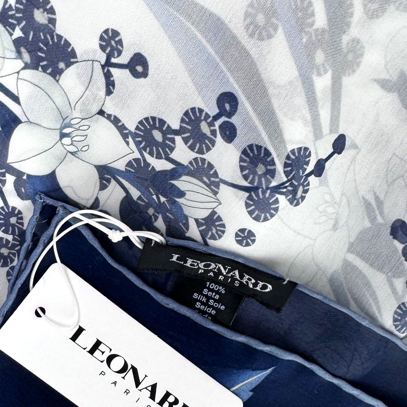 Leonard Paris Scarf White Dark Blue Floral Design - Extra Large Square Chiffon Silk Wrap