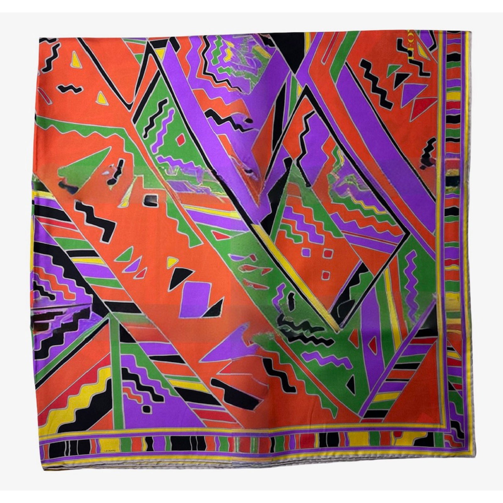 Leonard Paris Scarf Orange Purple Design - Square Twill Silk Wrap