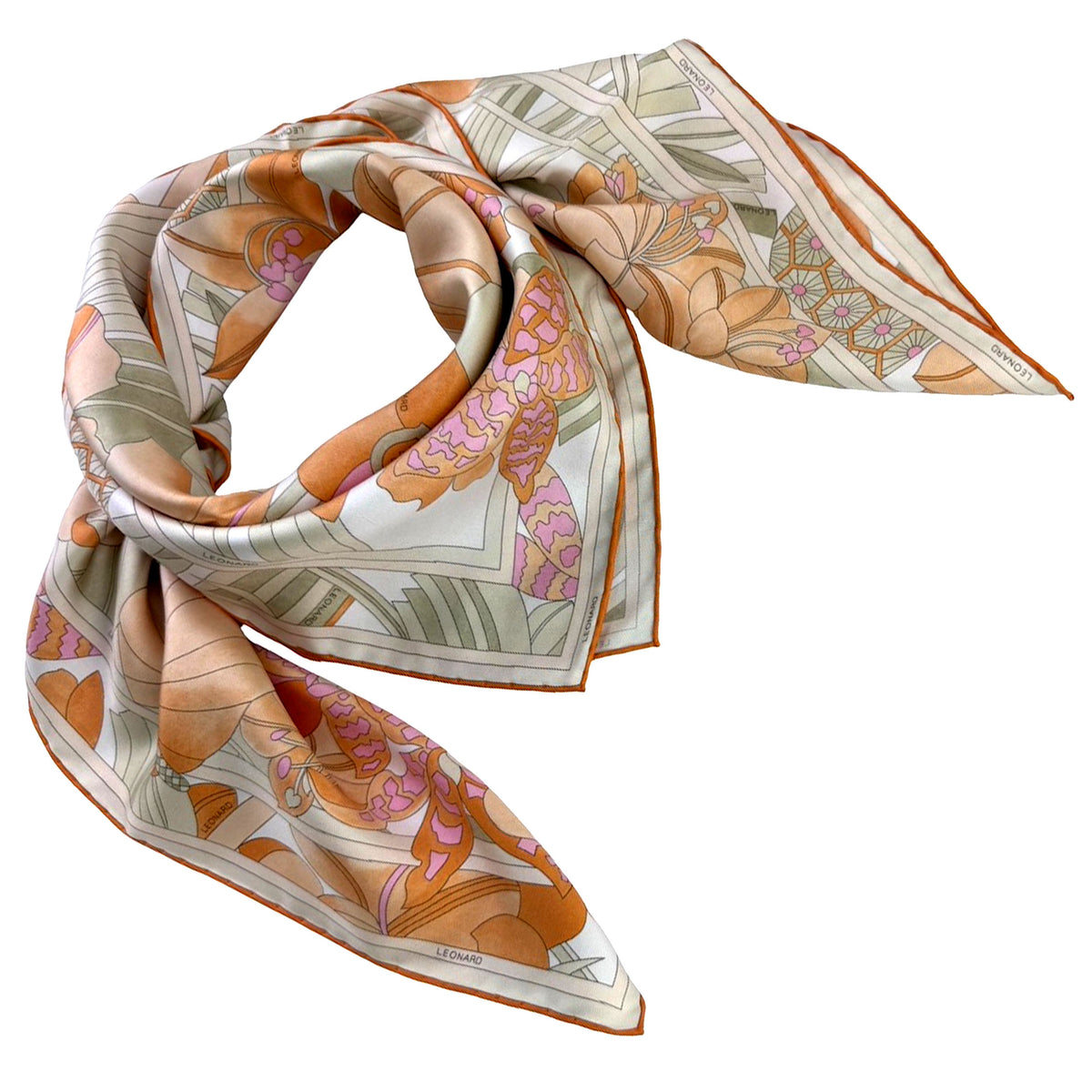 Leonard Paris Scarf Orange Pink Taupe-Gray Floral - Twill Silk Square Foulard