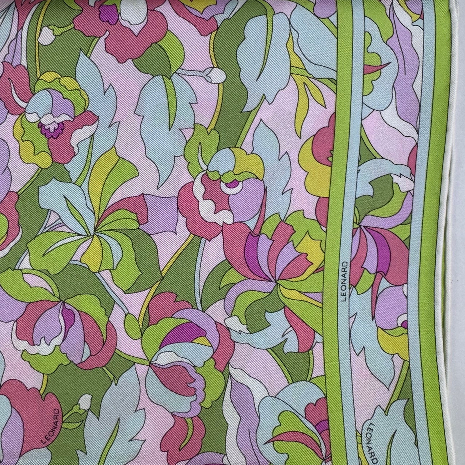 Leonard Paris Scarf Pink Lime Floral - Twill Silk Square Foulard