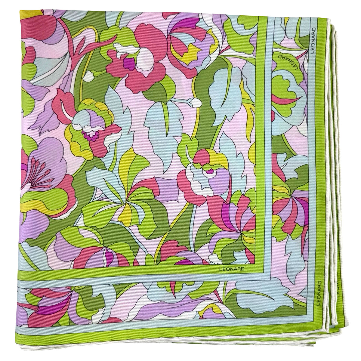 Leonard Paris Scarf Pink Lime Floral - Twill Silk Square Foulard