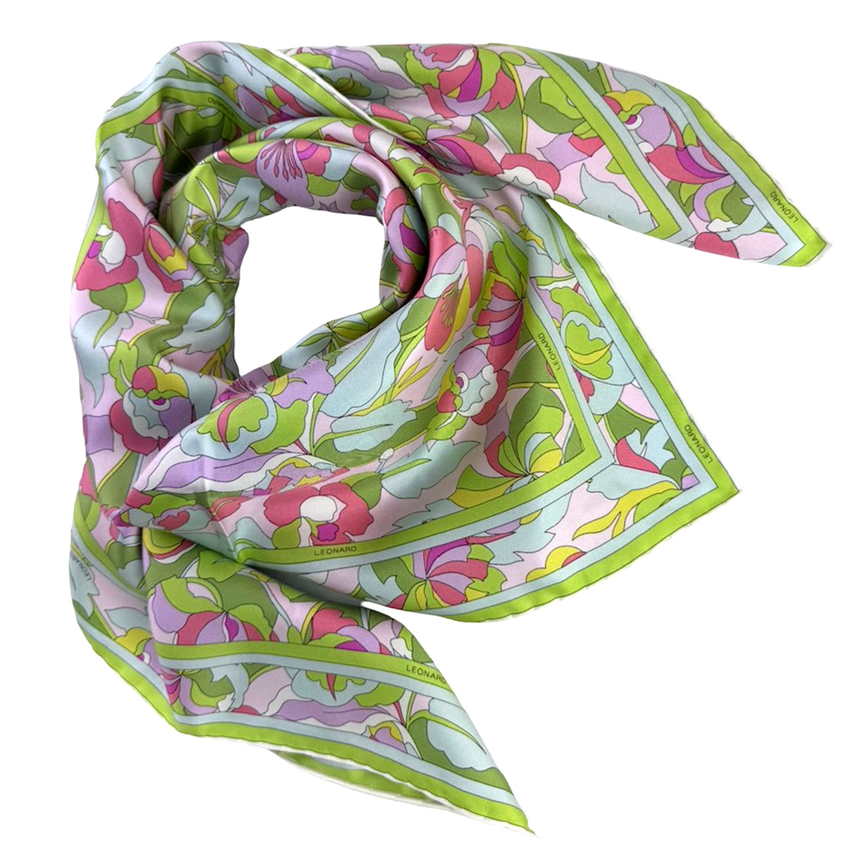 Leonard Paris Scarf Pink Lime Floral - Twill Silk Square Foulard