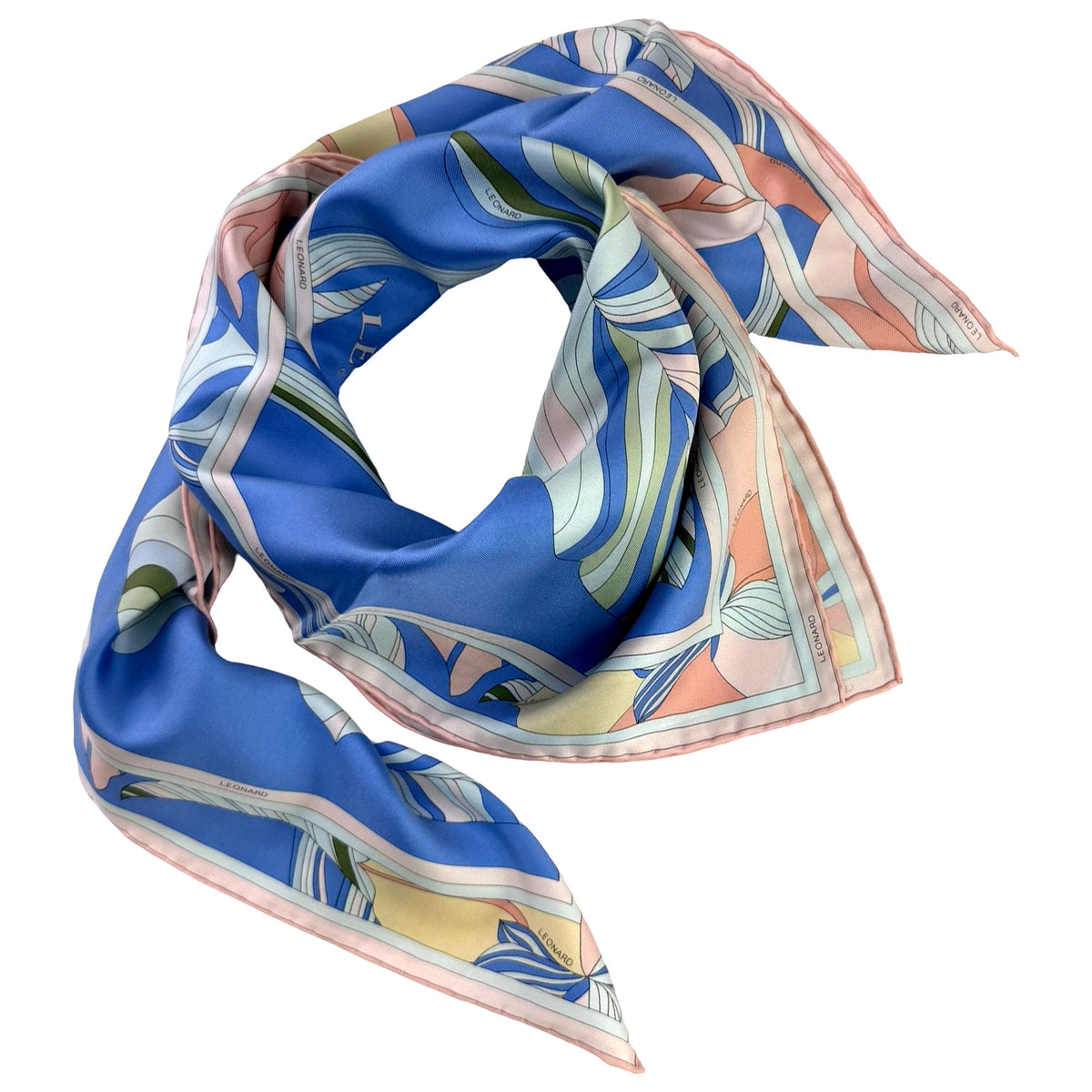 Leonard Paris Scarf Blue Pink Floral Design - Twill Silk Square Foulard