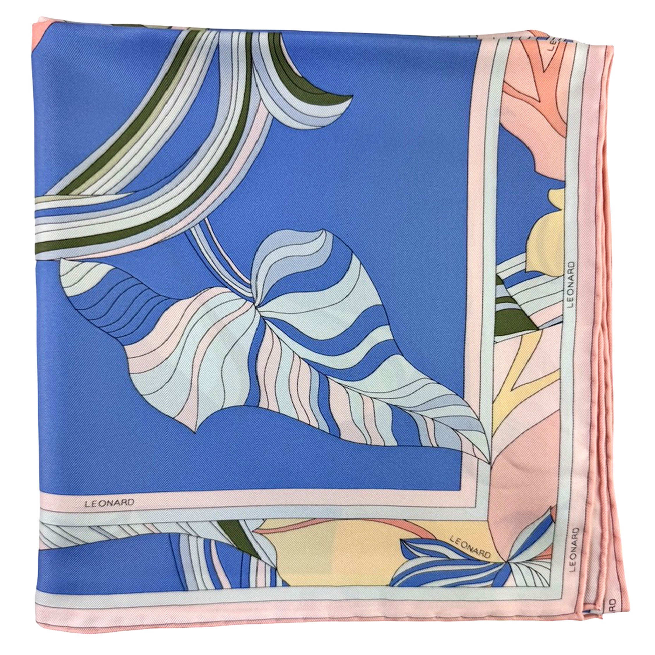Leonard Paris Scarf Blue Pink Floral Design - Twill Silk Square