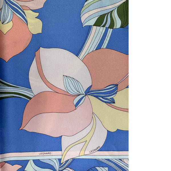Leonard Paris Scarf Blue Pink Floral Design - Twill Silk Square