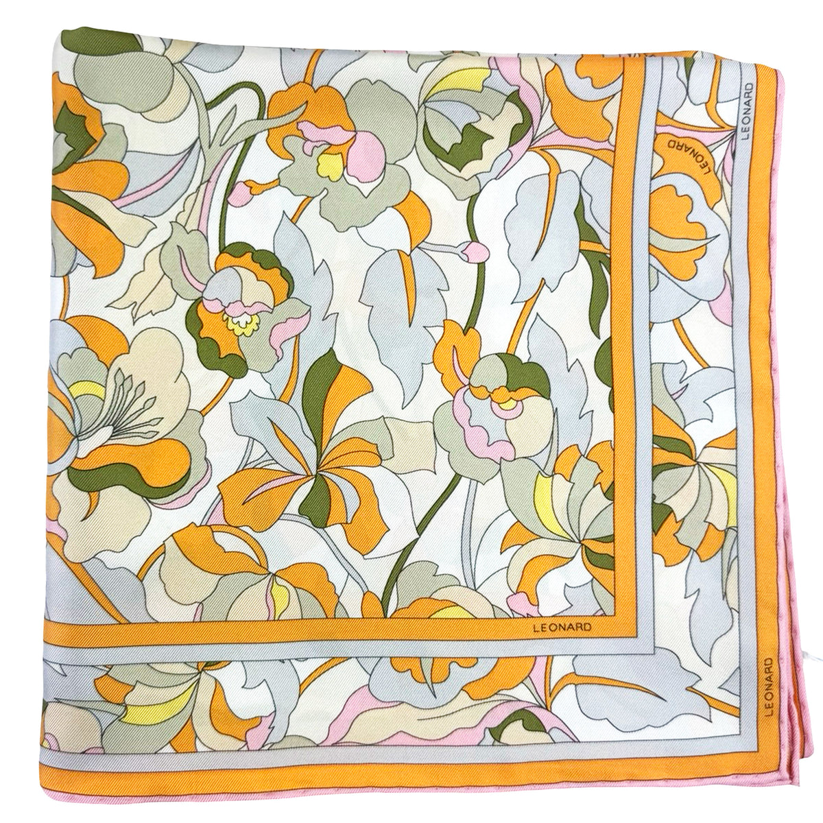 Leonard Paris Scarf Orange Gray Green Floral - Twill Silk Square Foulard