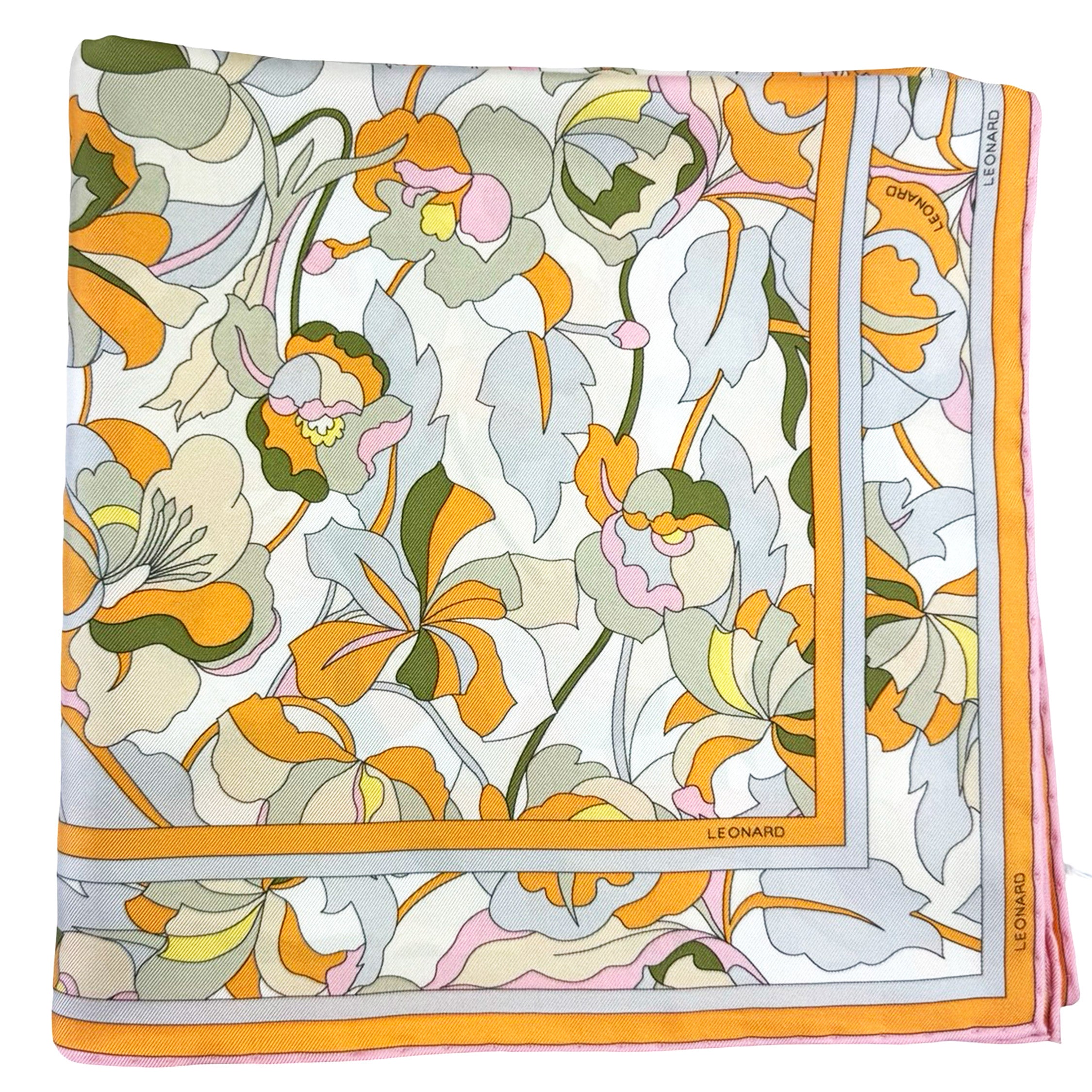 Leonard Paris Scarf Orange Gray Green Floral - Twill Silk Square