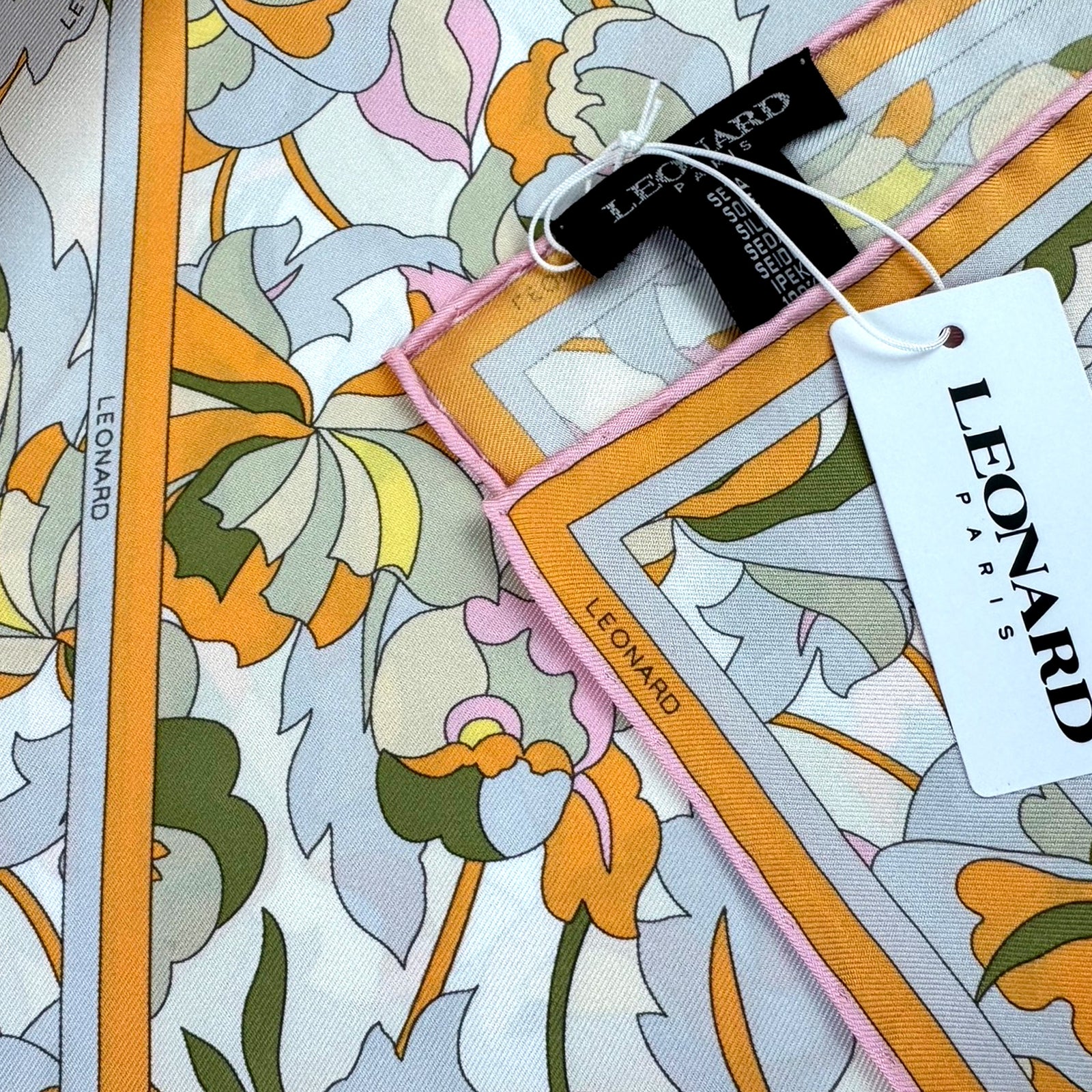 Leonard Paris Scarf Orange Gray Green Floral - Twill Silk Square Foulard