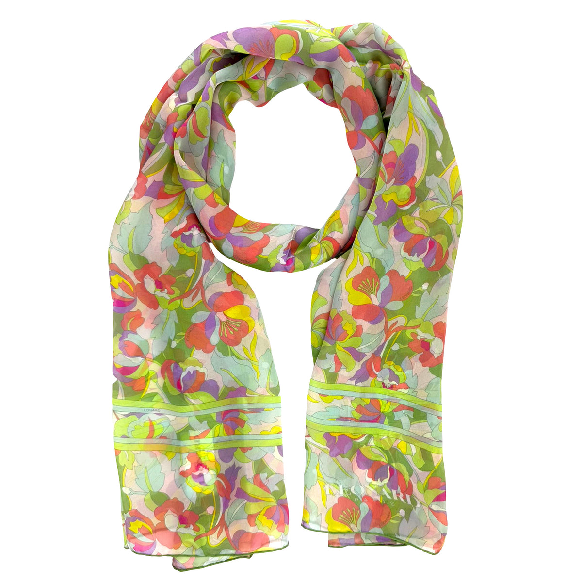 Leonard Paris Scarf Green Lavender Pink Floral - Chiffon Silk Shawl