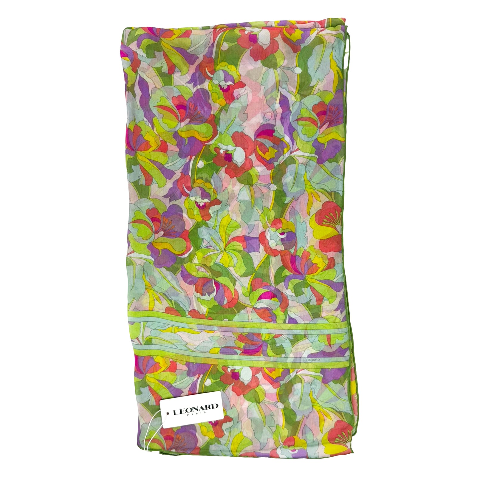 Leonard Paris Scarf Green Lavender Pink Floral - Chiffon Silk Shawl