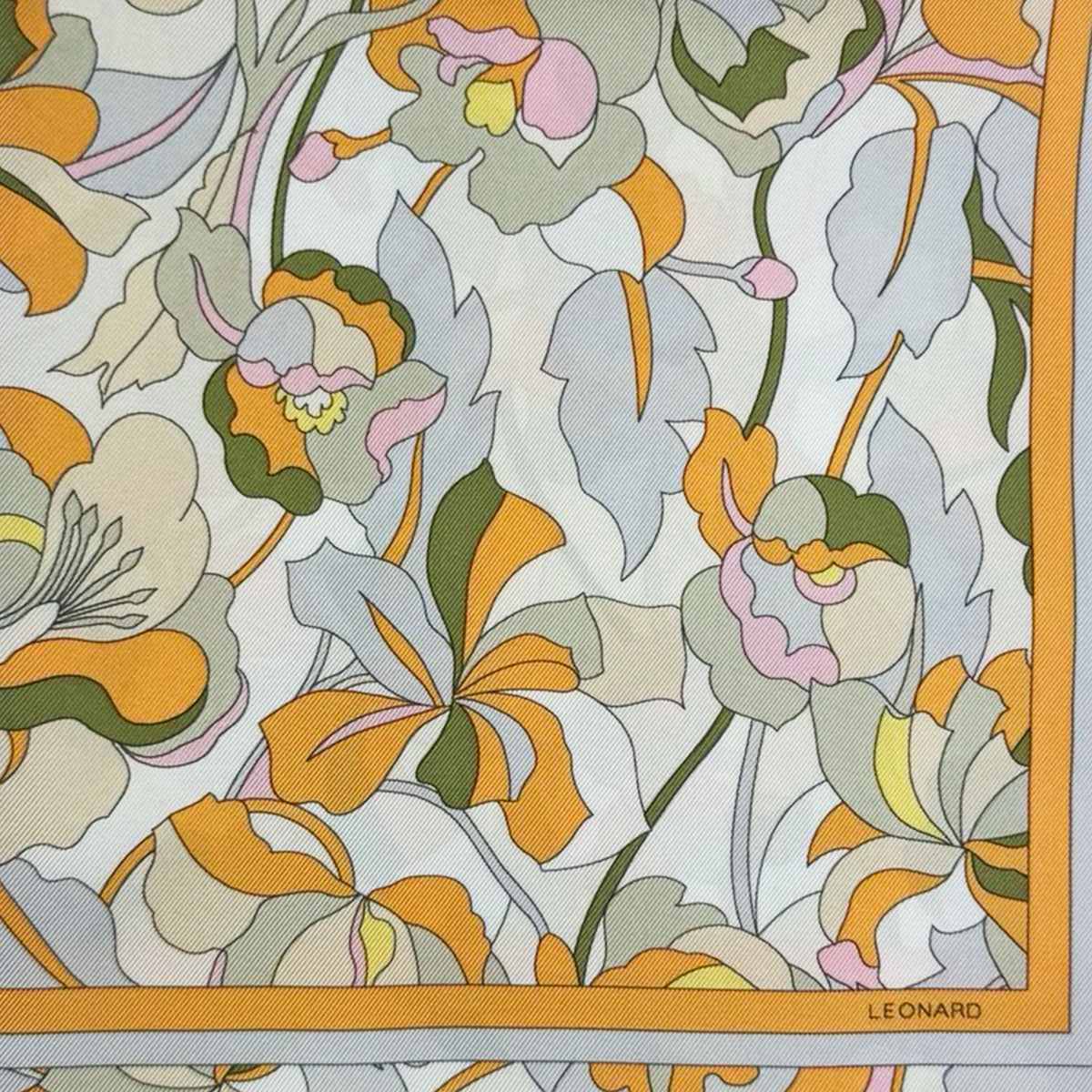 Leonard Paris Scarf Orange Gray Green Floral - Twill Silk Square Foulard