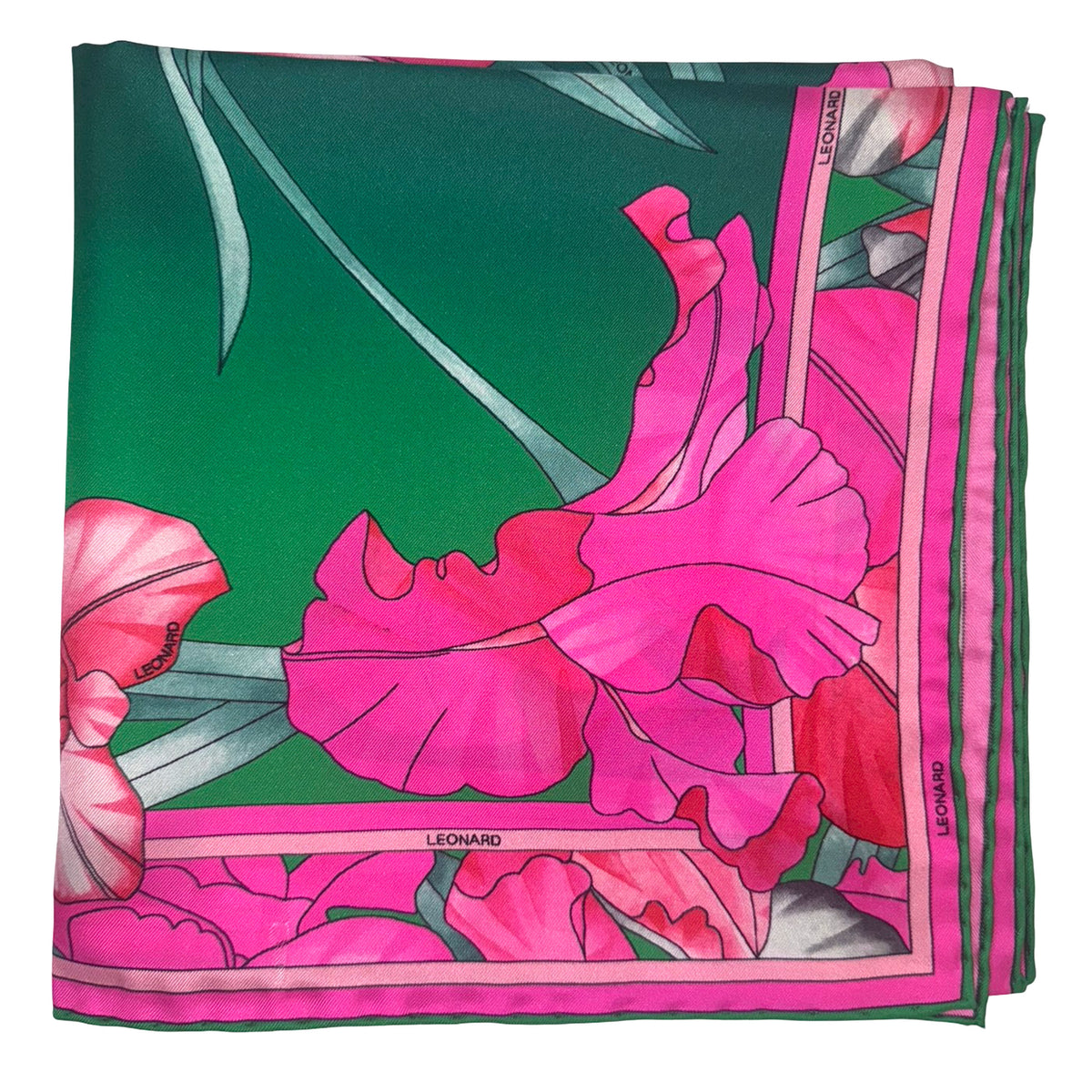 Leonard Paris Scarf Green Floral - Twill Silk Square Foulard