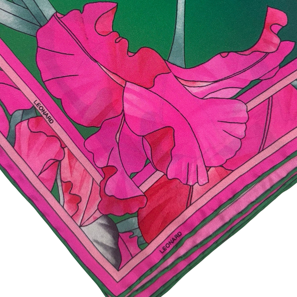 Leonard Paris Scarf Pink Green Floral - Twill Silk Square Foulard