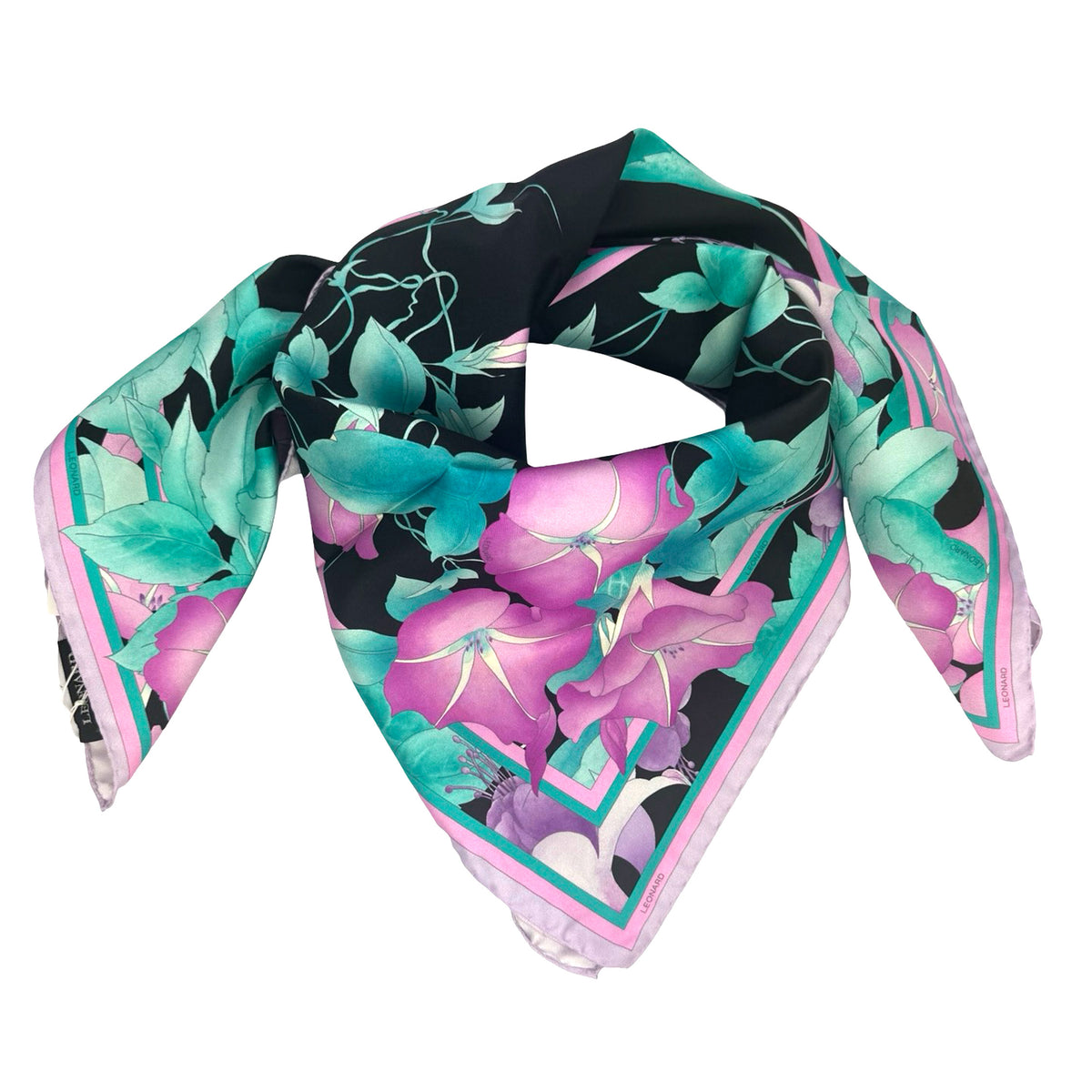Leonard Paris Scarf Black Lilac Floral - Twill Silk Square Foulard