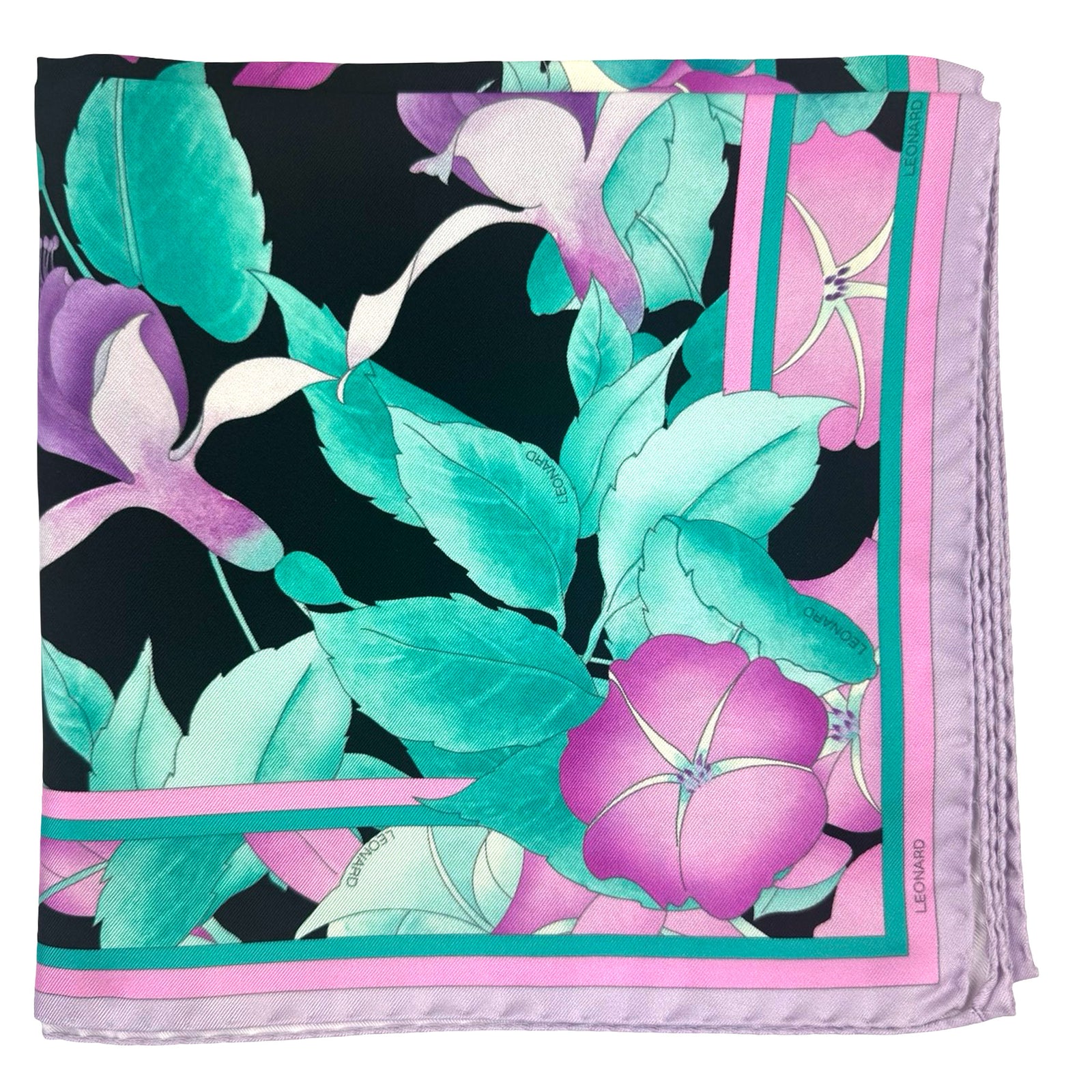 Leonard Paris Scarf Black Lilac Floral - Twill Silk Square Foulard