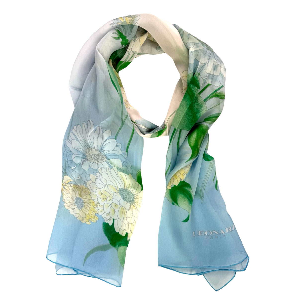 Leonard Paris Scarf Light Blue Floral - Chiffon Silk Shawl