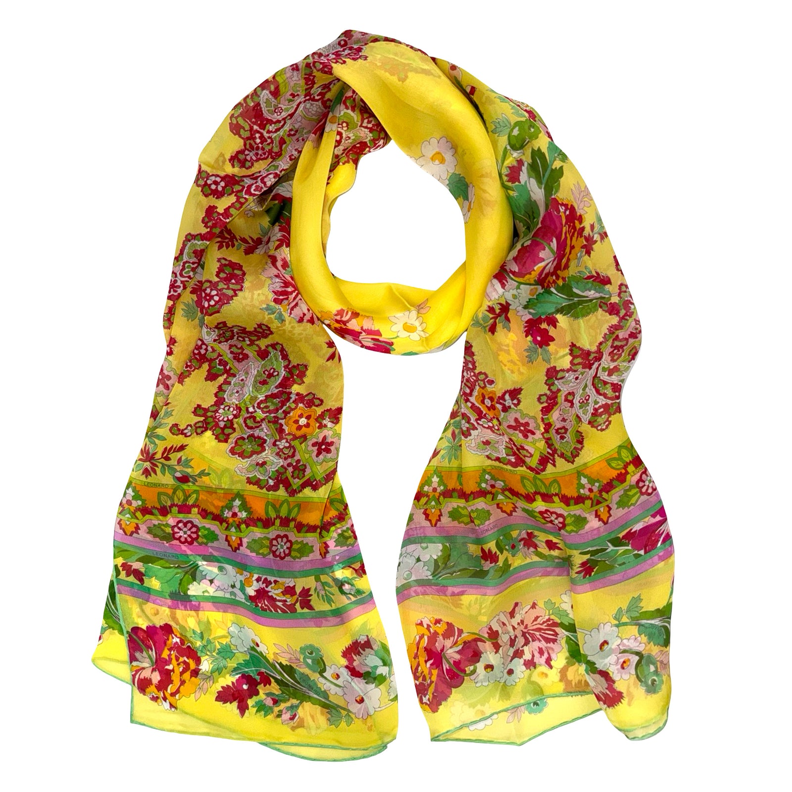 Leonard Paris Scarf Yellow Pink Floral - Chiffon Silk Shawl