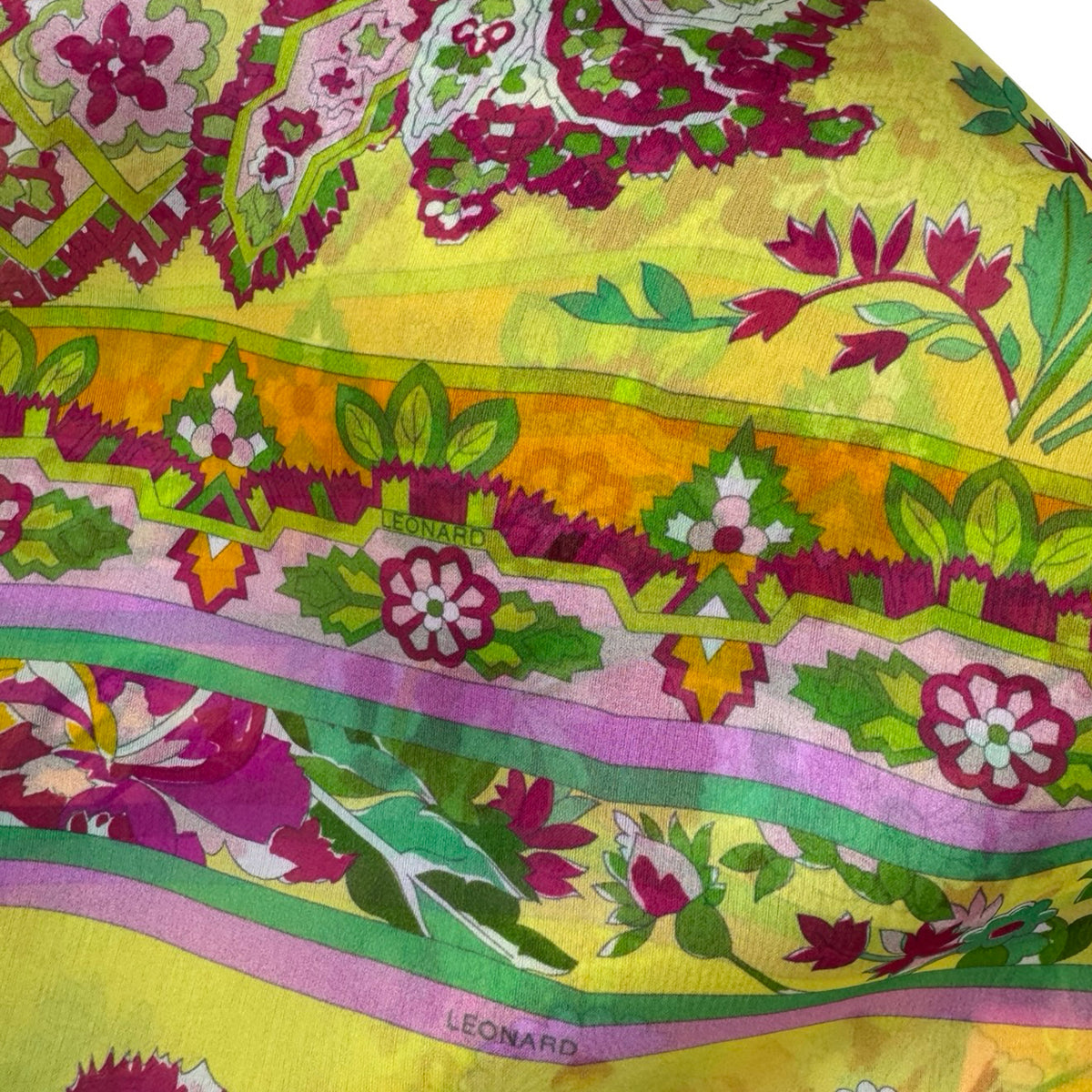 Leonard Paris Scarf Yellow Green Pink Floral - Chiffon Silk Shawl