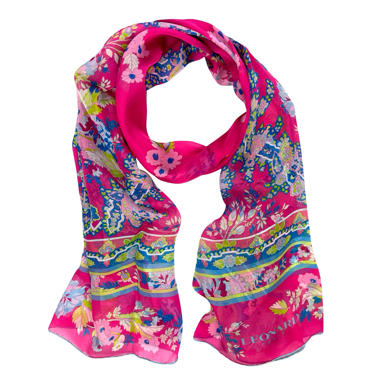 Leonard Paris Scarf Hot Pink Blue Floral - Chiffon Silk Shawl