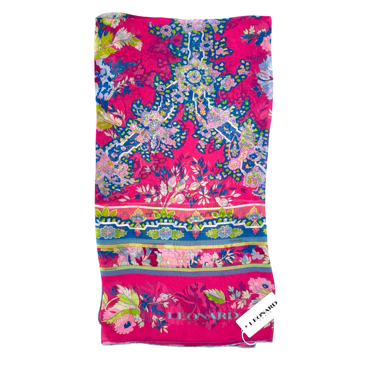 Leonard Paris Scarf Hot Pink Blue Floral - Chiffon Silk Shawl