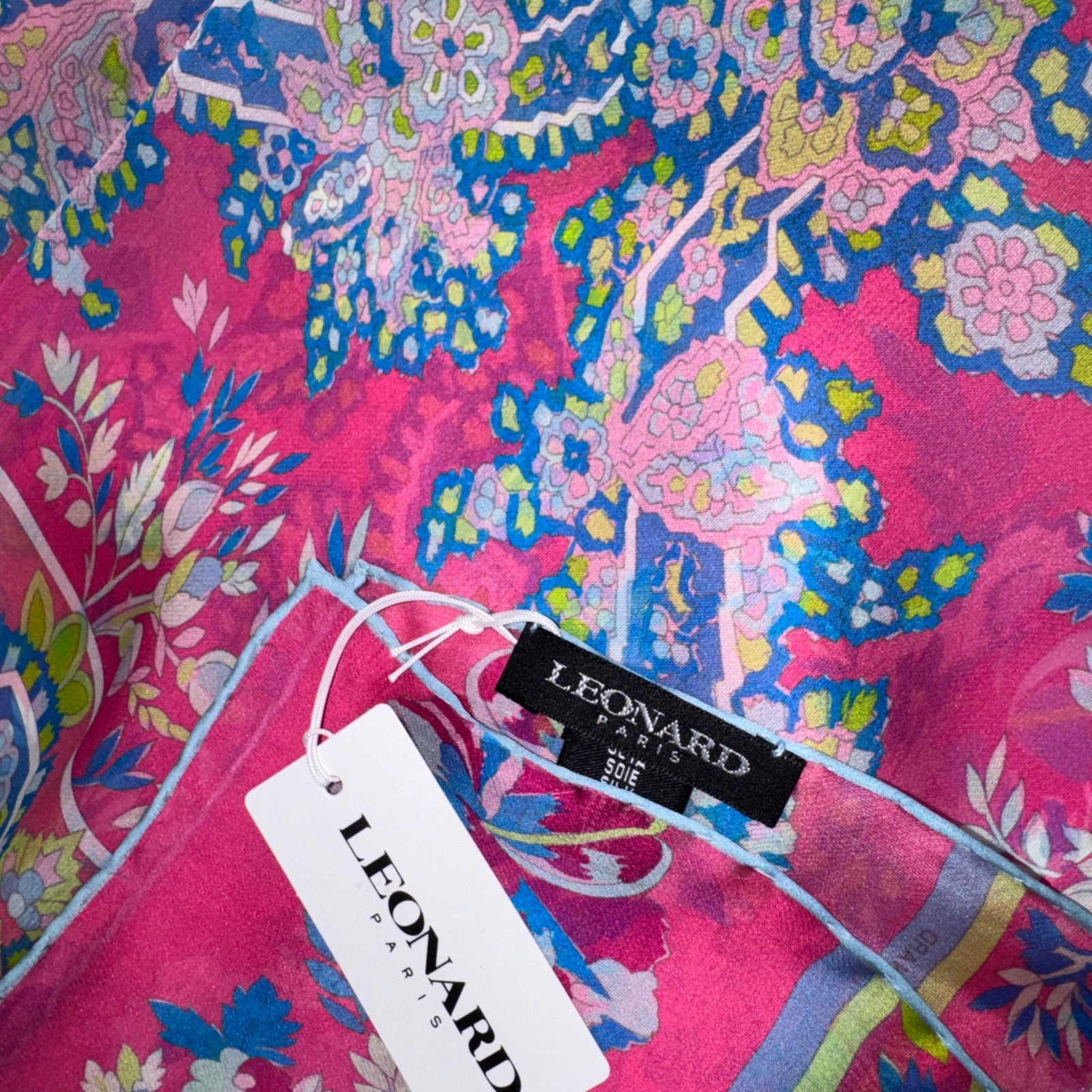Leonard Paris Scarf Hot Pink Blue Floral - Chiffon Silk Shawl