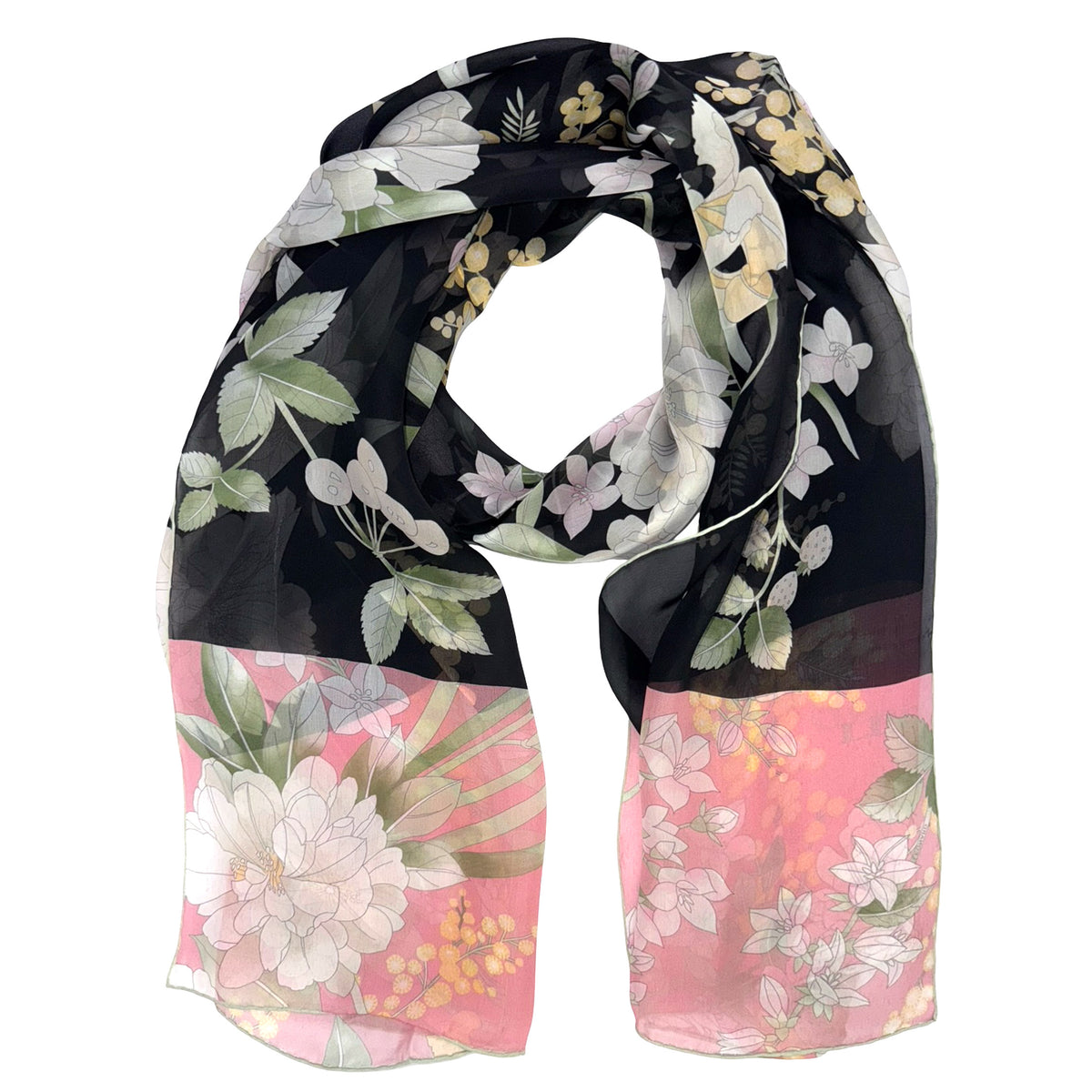 Leonard Scarf Dust Pink Black Floral - Chiffon Silk Shawl