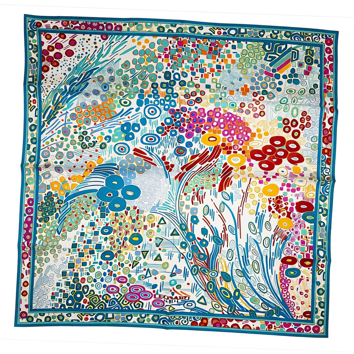 Leonard Paris Scarf Geometric Floral Teal White - Twill Silk Square Foulard