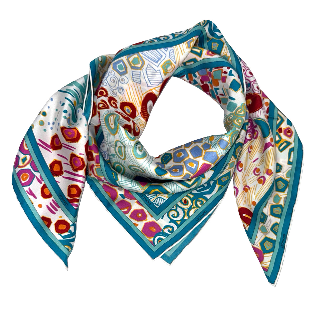 Leonard Paris Scarf Geometric Floral Teal White - Twill Silk Square Foulard