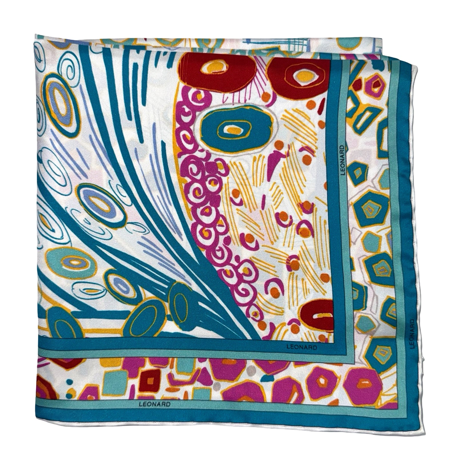 Leonard Paris Scarf Geometric Floral Teal White - Twill Silk Square Foulard