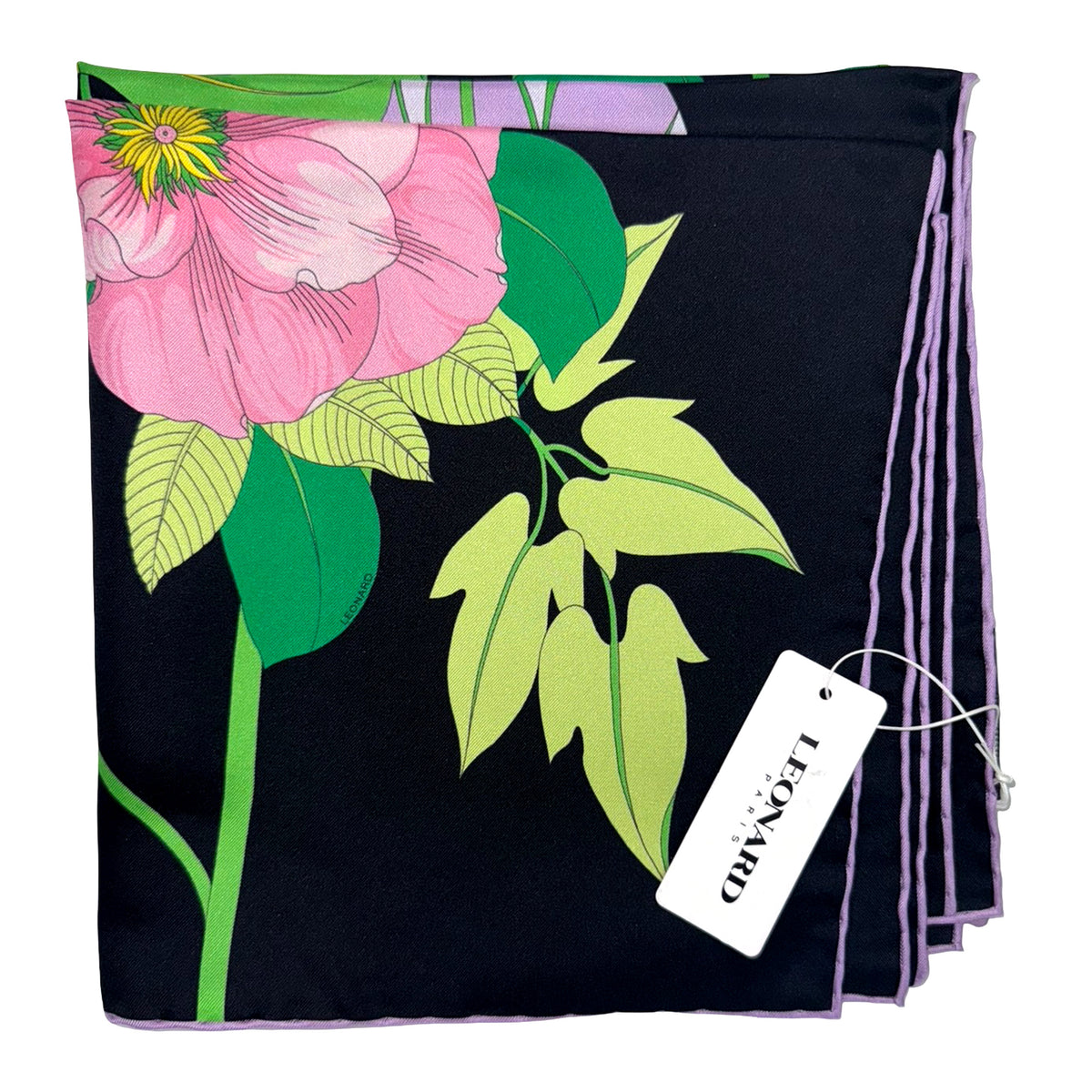 Leonard Paris Scarf Black Green Pink Floral Bouquet - Twill Silk Square Foulard