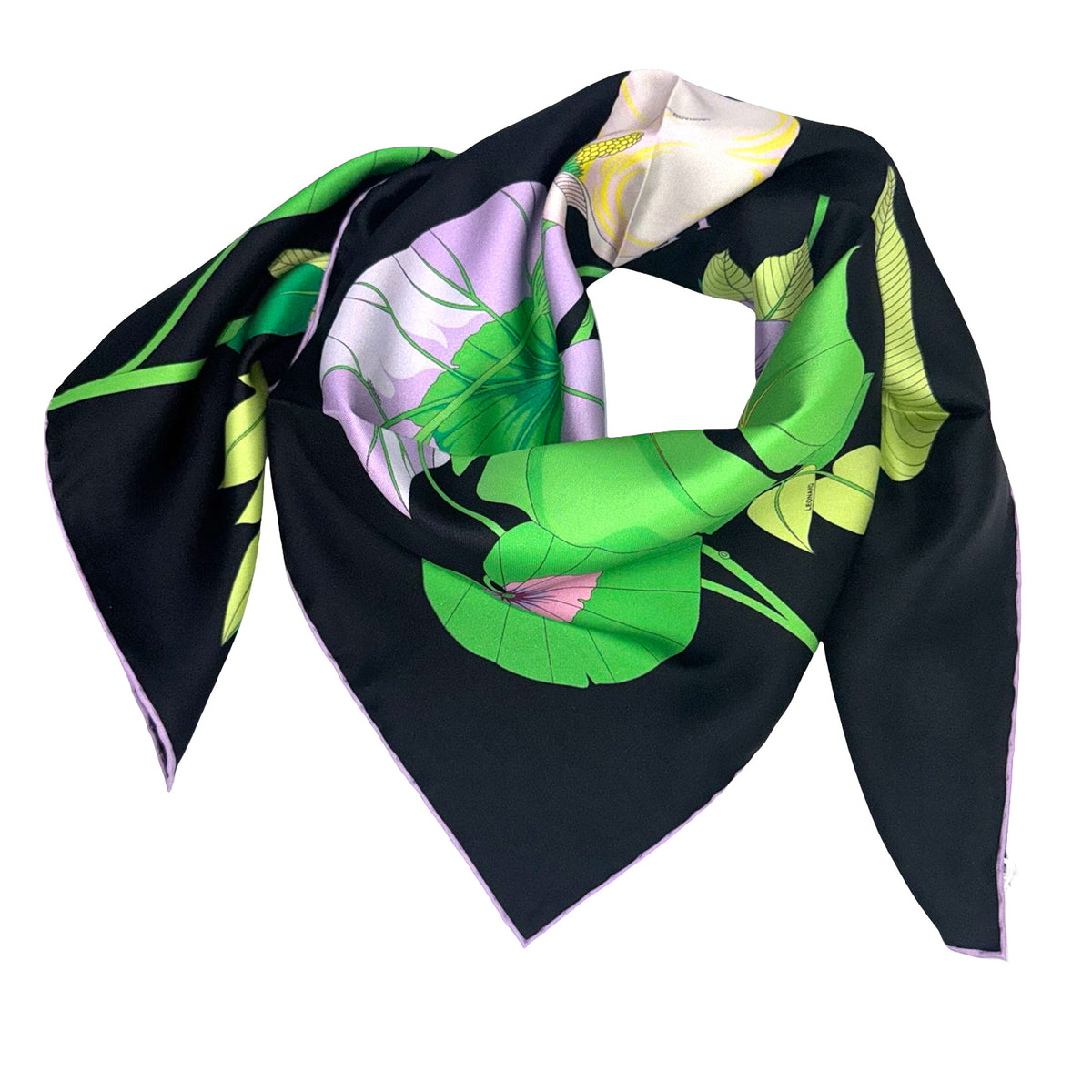 Leonard Paris Scarf Black Green Pink Floral Bouquet - Twill Silk Square Foulard