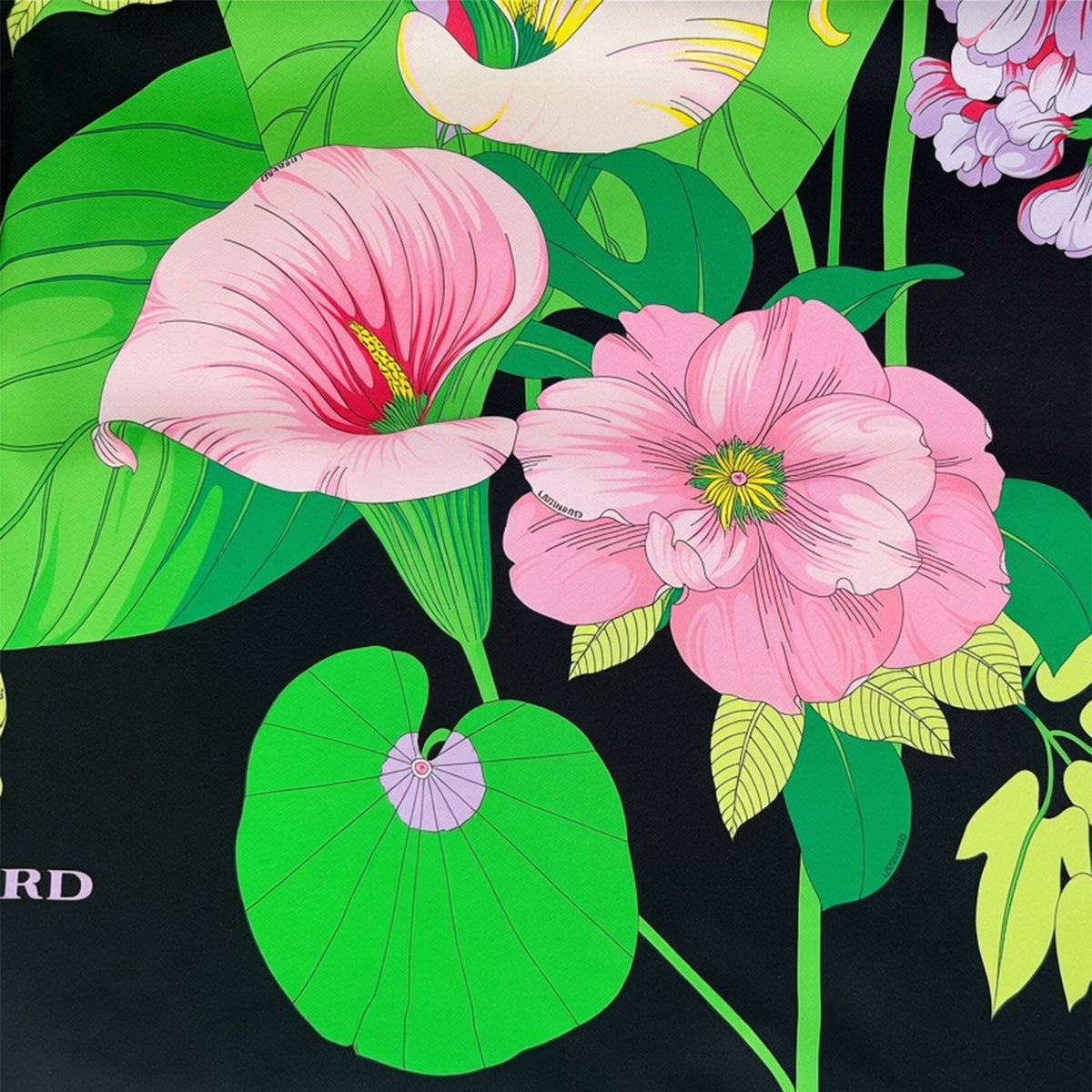 Leonard Paris Scarf Black Green Pink Floral Bouquet - Twill Silk Square Foulard